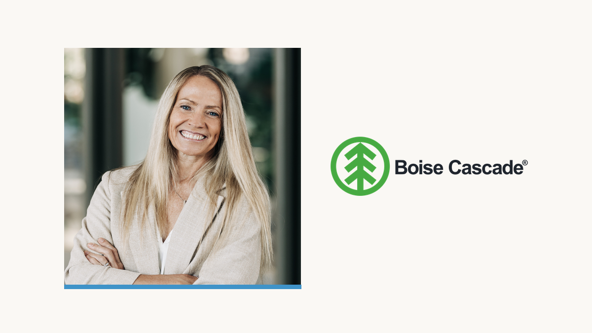 Joanna (Jo) Barney, Executive Vice President of Building Materials Distribution at Boise Cascade, next to the Boise Cascade logo